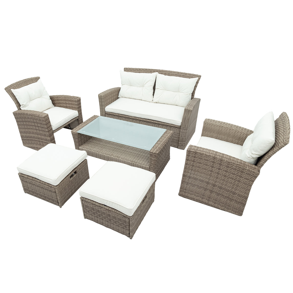 Patio Furniture Set of 4 Rattan Conversation Furniture with Ottoman and Glass Table G210959