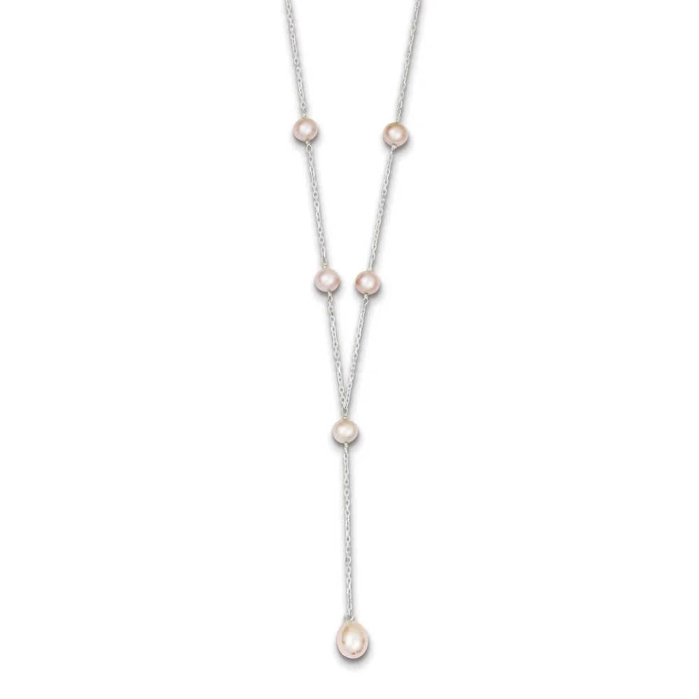 925 Sterling Silver Rhodium-plated Pink Cultured Pearl Y-Drop Necklace 16" S6693
