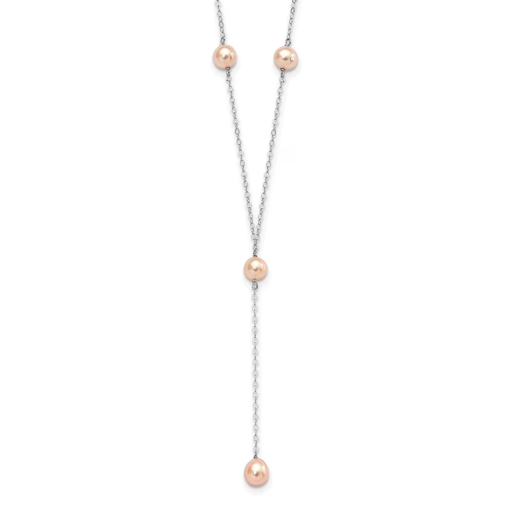 925 Sterling Silver Rhodium-plated Pink Cultured Pearl Y-Drop Necklace 16" S6693