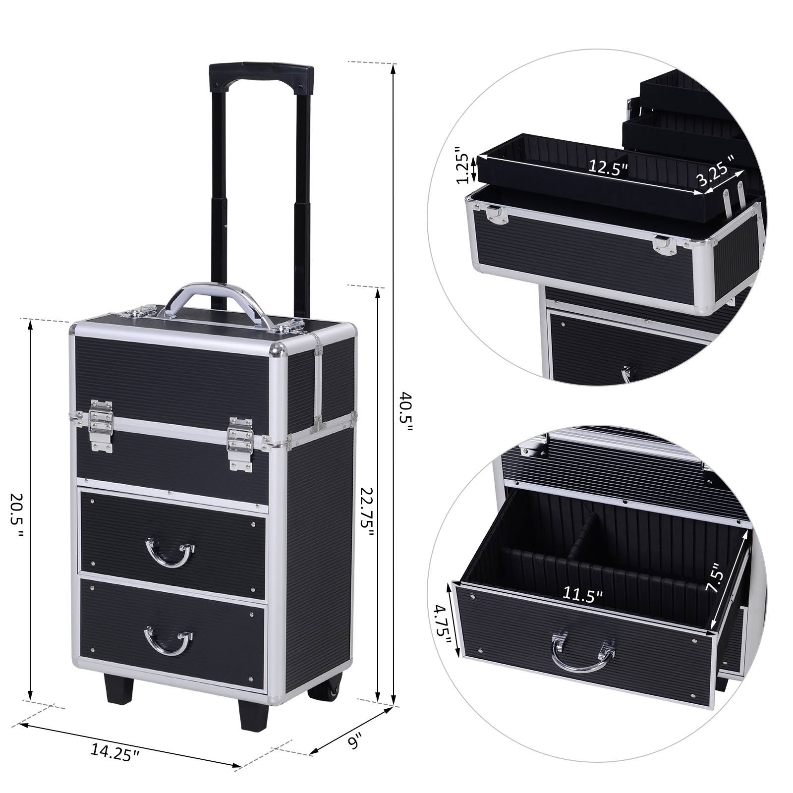 4 Tier Lockable Cosmetic Train Case with Extendable Trays Black N616370