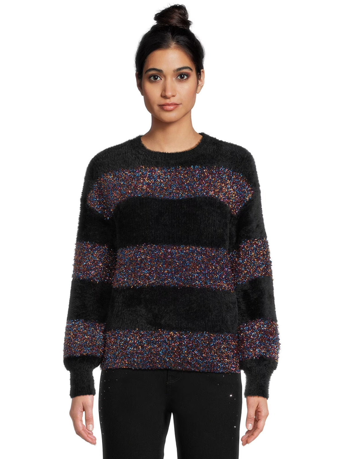 Metallic Stripe Pullover Sweater with Long Sleeves D428