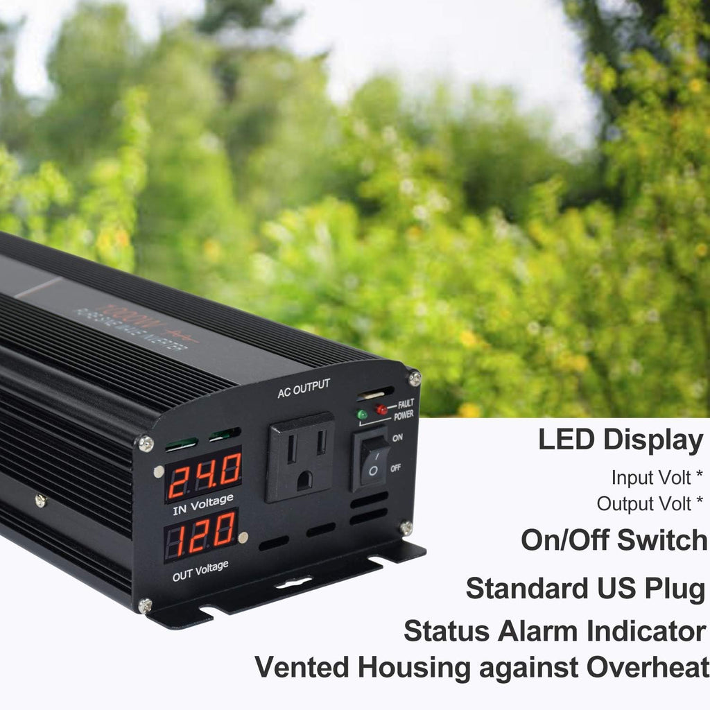 Power Inverter 1000W Pure Sine Wave 24v to 110v 120v Surge 2000 Watt Converter dc to ac with Cigarette Lighter Z487292