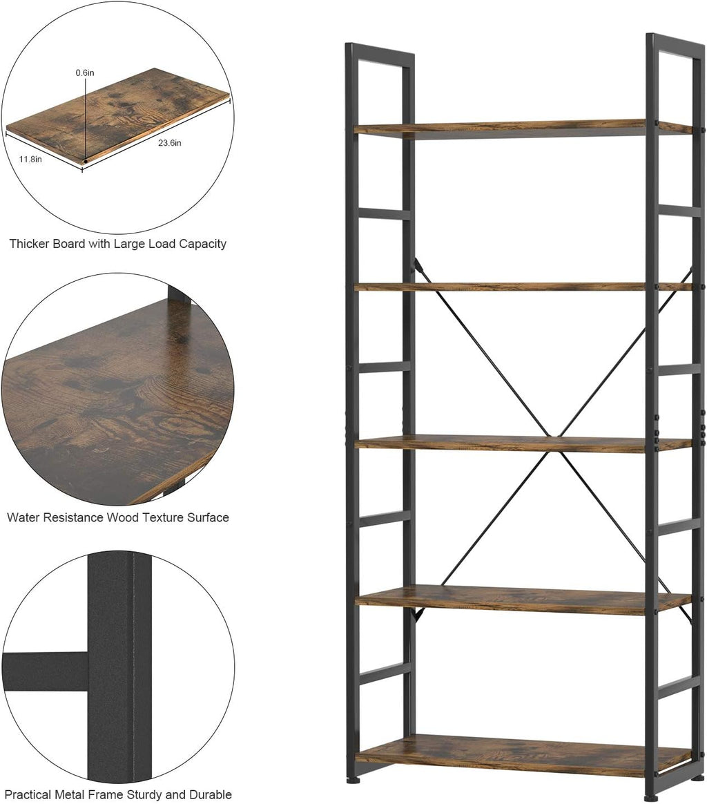 Rustic Brown 5 Tier Wooden and Metal Bookshelf M5008
