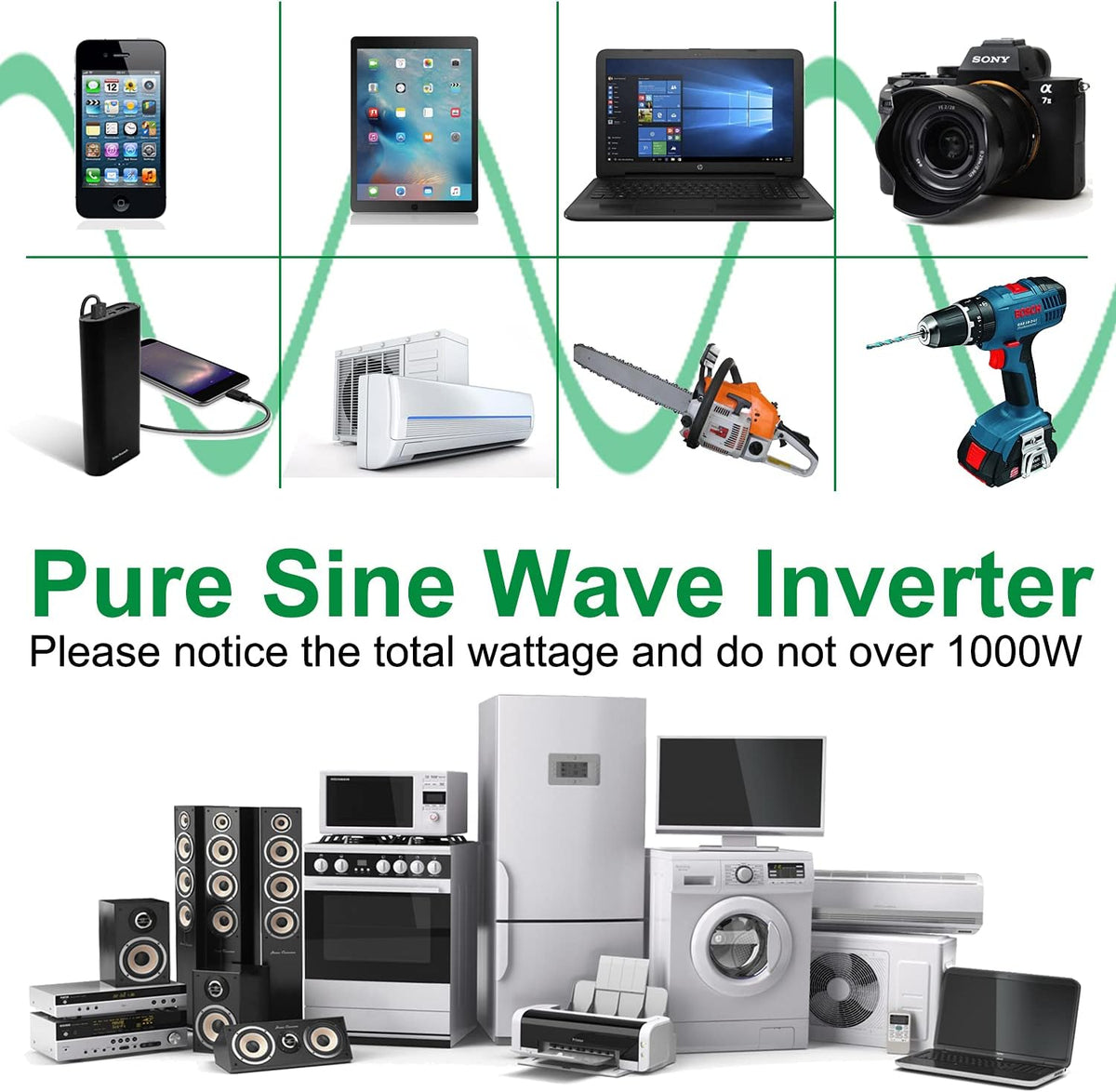 Power Inverter 1000W Pure Sine Wave 24v to 110v 120v Surge 2000 Watt Converter dc to ac with Cigarette Lighter Z487292