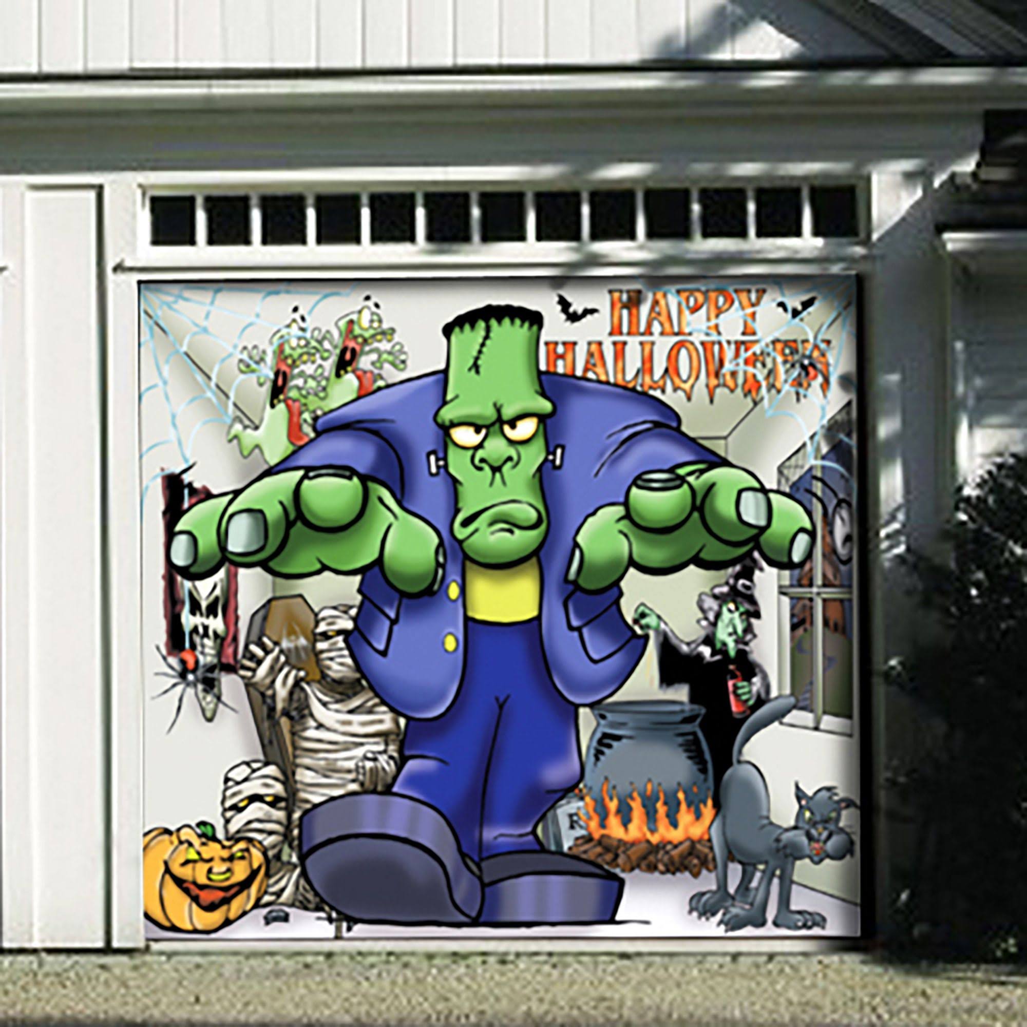 Green and Purple Frankenstein Halloween Garage Door Banner N9187