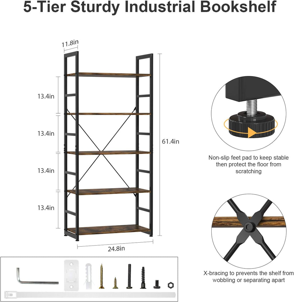 Rustic Brown 5 Tier Wooden and Metal Bookshelf M5008