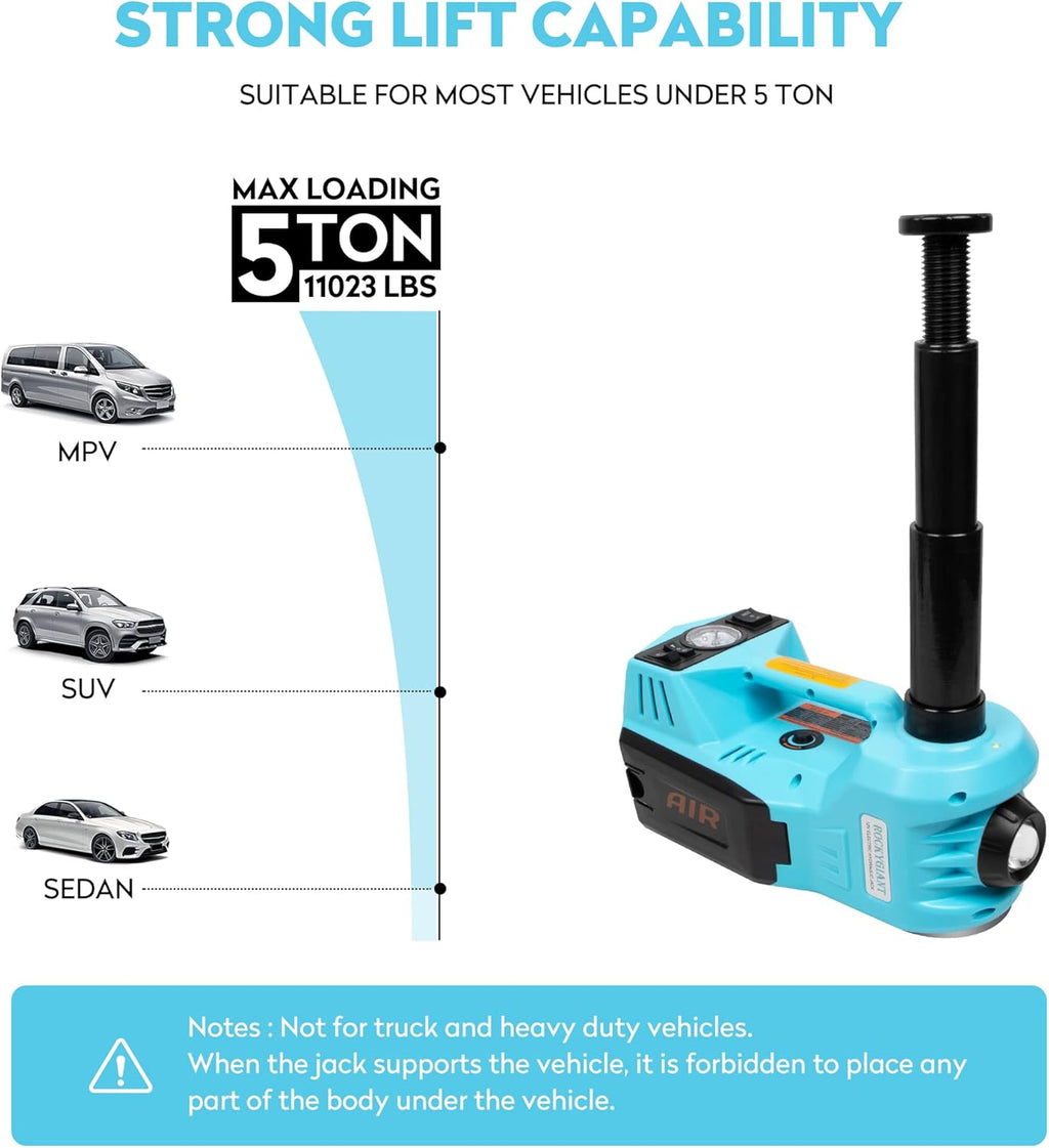 Electric Car Jack Kit 5 Ton Hydraulic Car Jack Lift with Power Wrench, Built-in Air Pump and LED Light, DC 12V Y999
