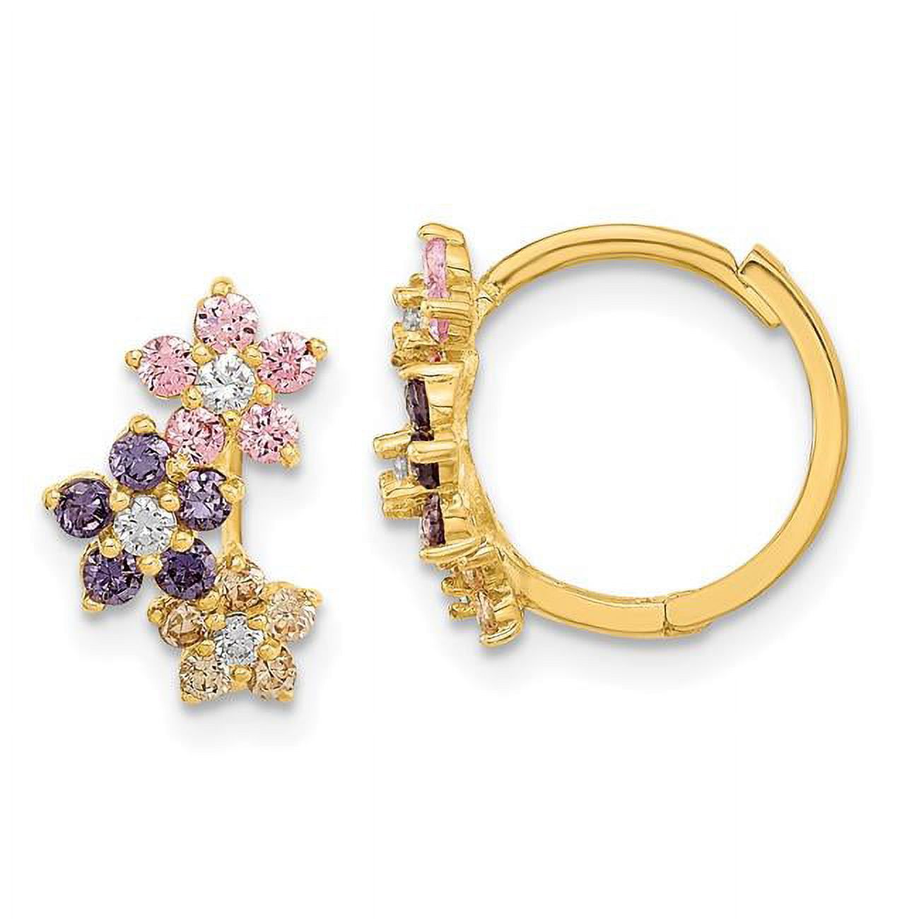 14K Yellow Gold Hinged Flower Multicolor CZ Hoop Earrings K581895