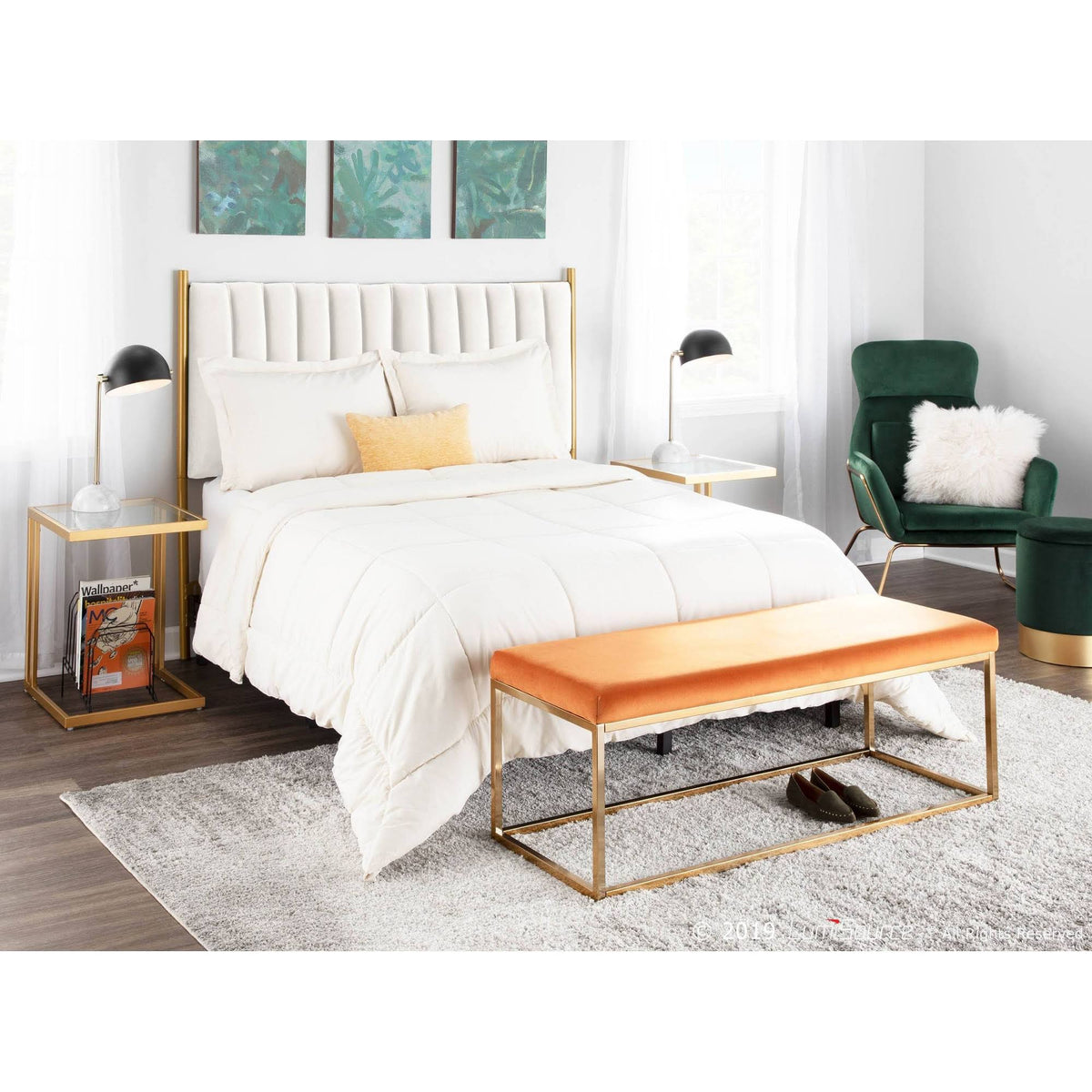 Green Velvet Nesting Ottoman Set with Gold Metal P93248