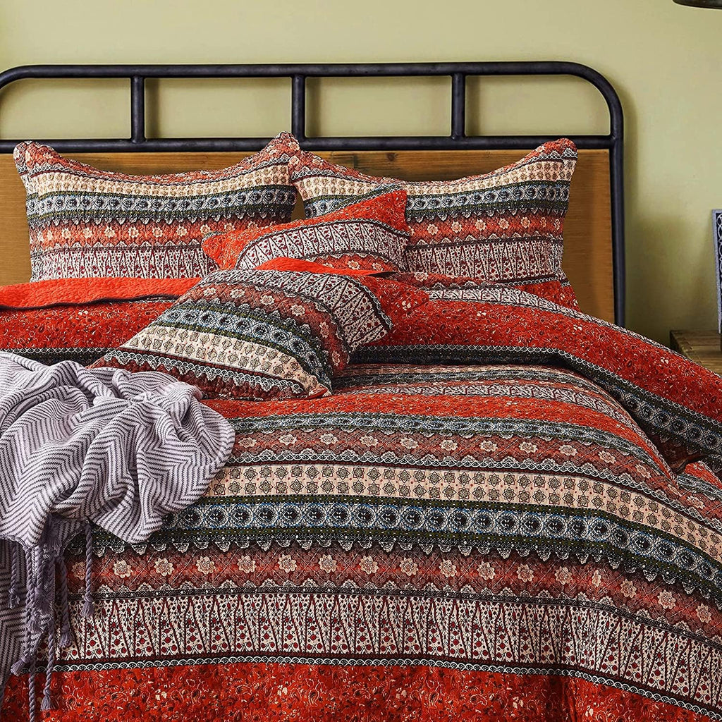 Striped Cotton 3-Piece Patchwork Bedspread Quilt Set Queen I9043