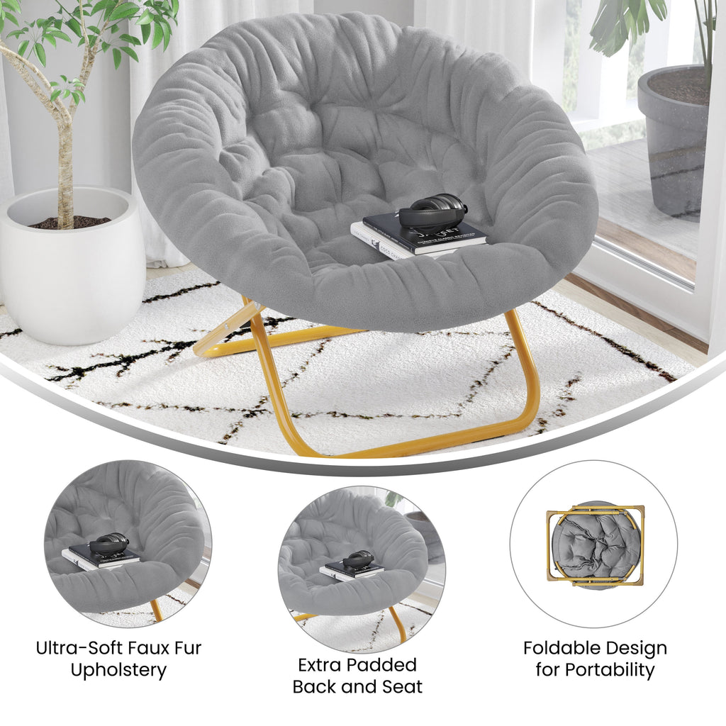 Oversize Folding Saucer Chair with Faux Fur Upholstery in Gray with Metal Frame X544710
