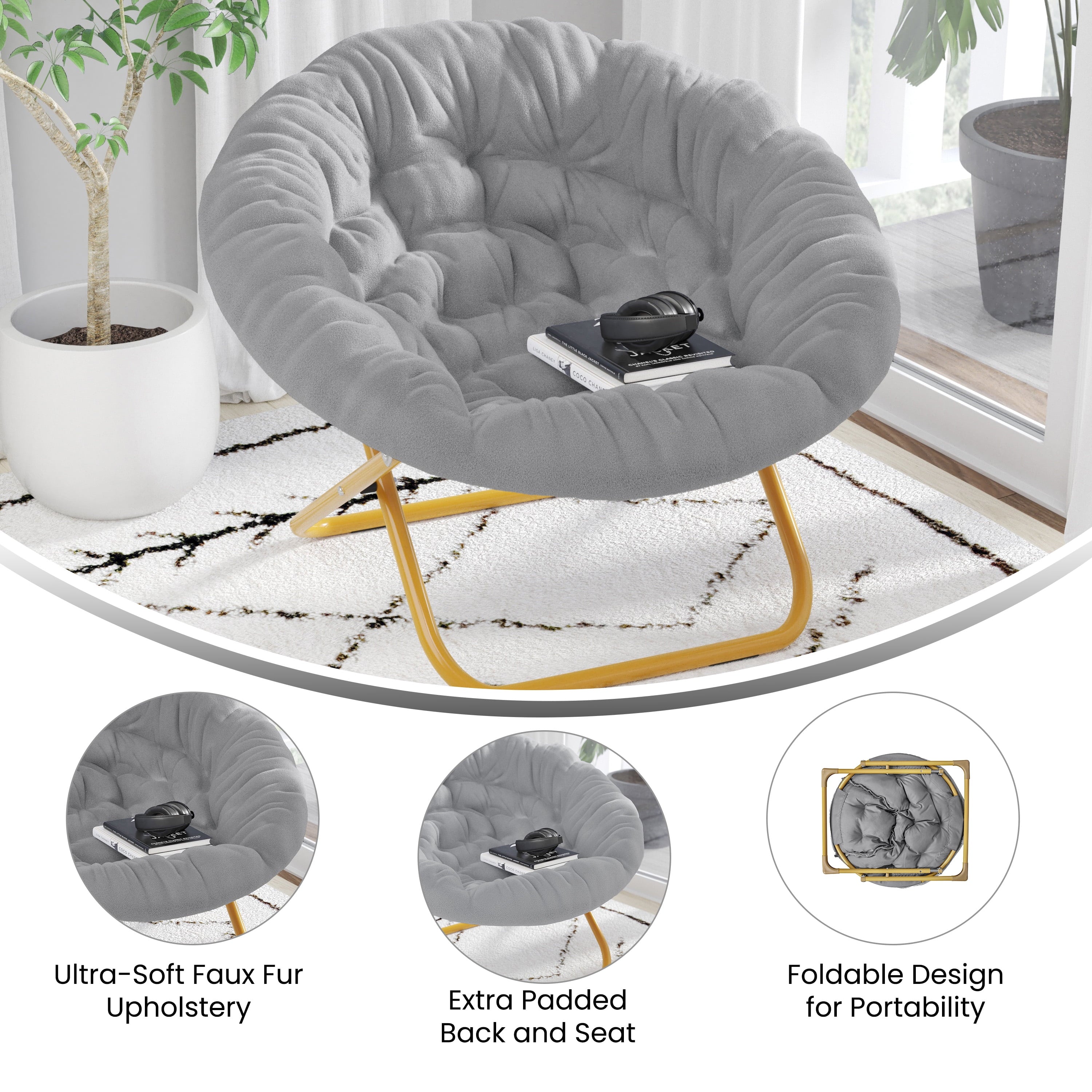 Oversize Folding Saucer Chair with Faux Fur Upholstery in Gray with Metal Frame X544710