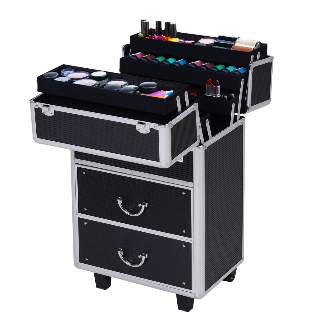 4 Tier Lockable Cosmetic Train Case with Extendable Trays Black N616370