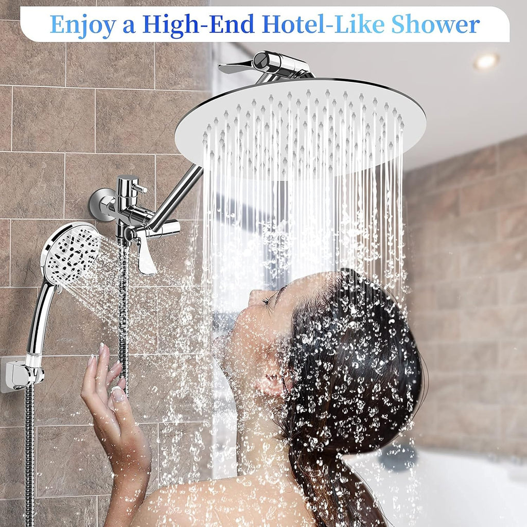 10" Rainfall Shower Head and 9-Setting High Pressure Handheld Shower Heads Combo, Dual ShowerHead with 11" Adjustable Extension Arm and 60" Stainless Hose R926