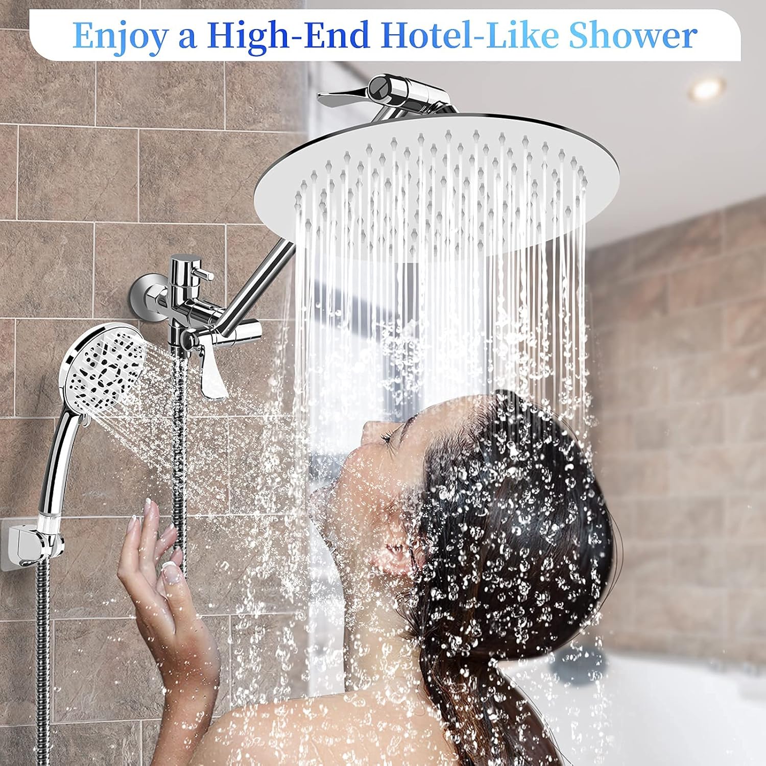 10" Rainfall Shower Head and 9-Setting High Pressure Handheld Shower Heads Combo, Dual ShowerHead with 11" Adjustable Extension Arm and 60" Stainless Hose R926