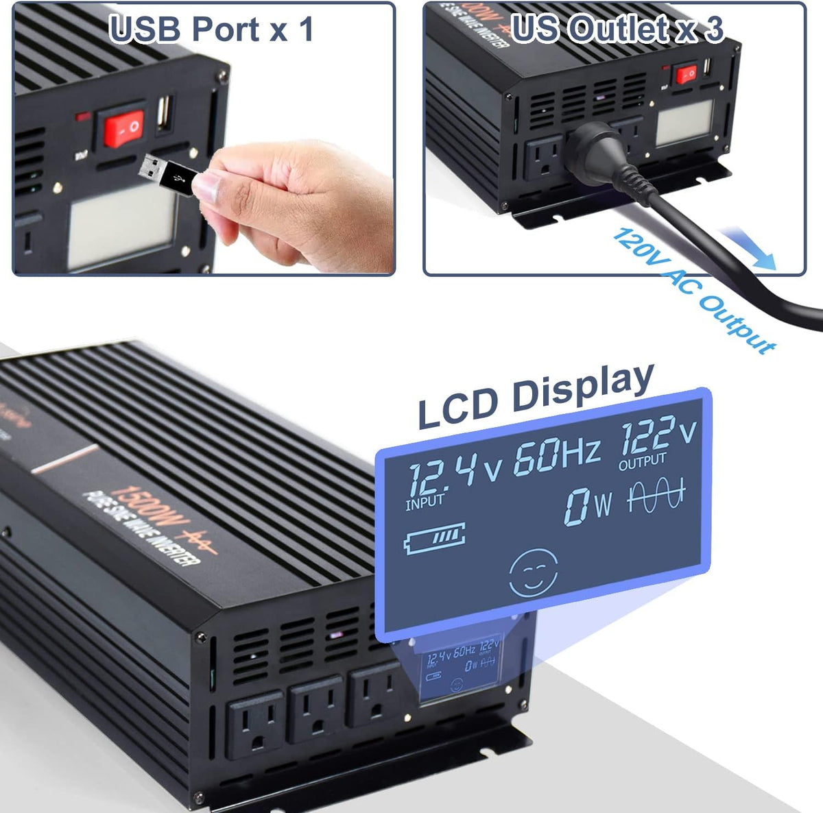 1500w Pure Sine Wave Power Inverter 12V DC to AC 110V 120V Car Power Inverter Q332