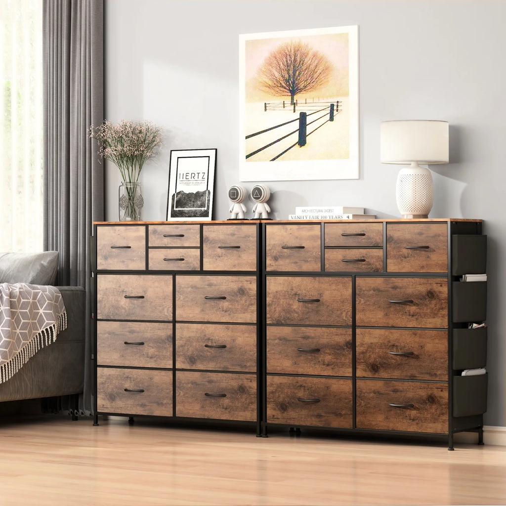 Brown 10 Drawer Fabric Dresser with Side Pockets and Hooks F656