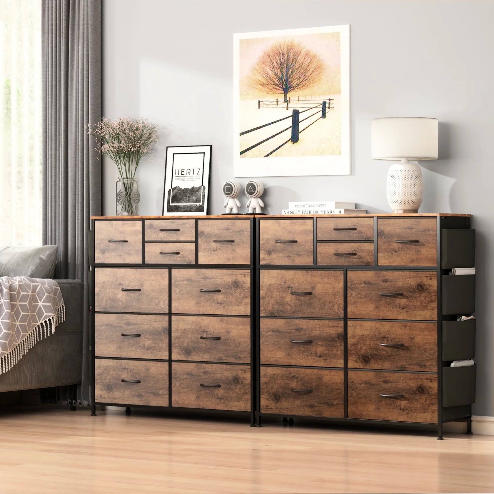 Brown 10 Drawer Fabric Dresser with Side Pockets and Hooks F656