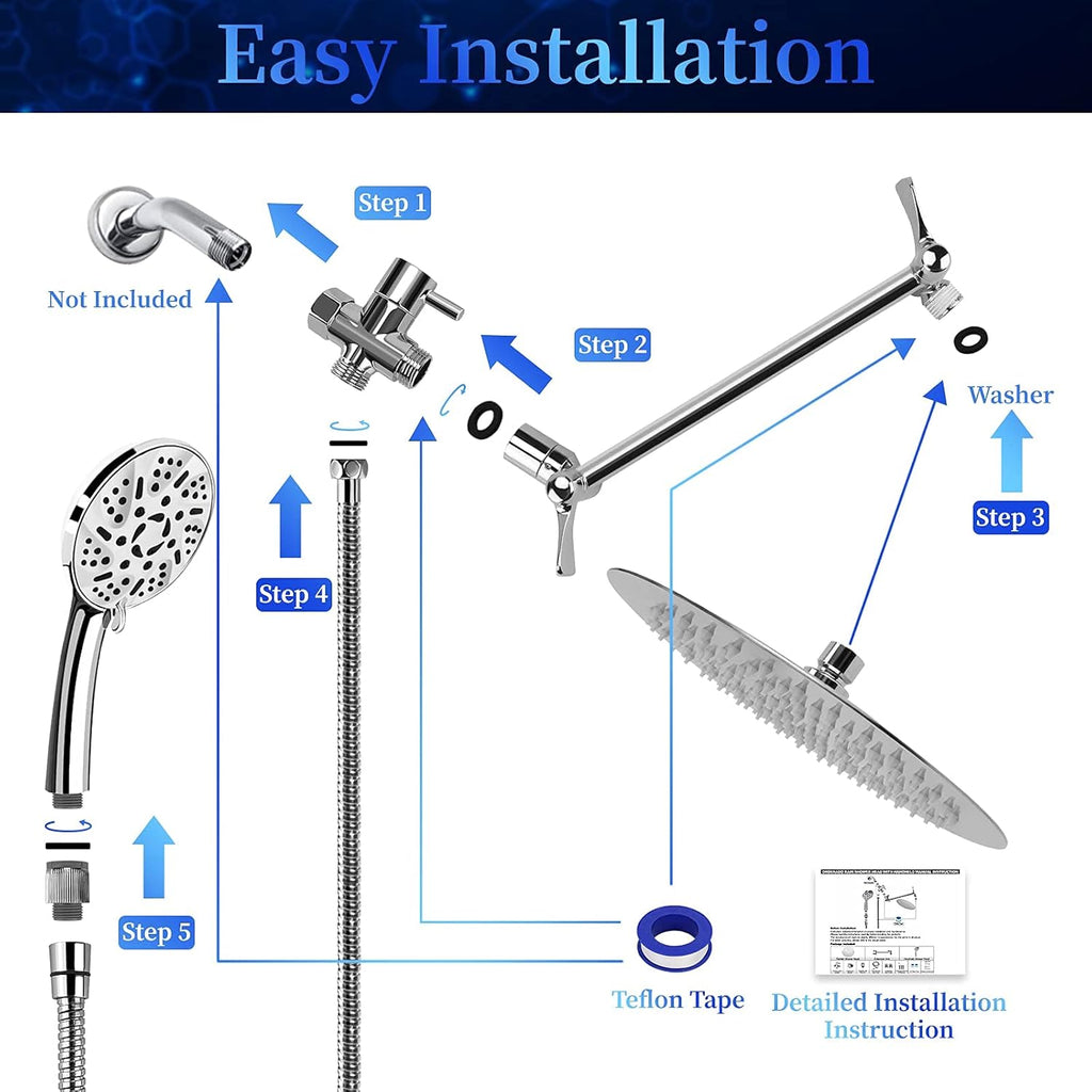10" Rainfall Shower Head and 9-Setting High Pressure Handheld Shower Heads Combo, Dual ShowerHead with 11" Adjustable Extension Arm and 60" Stainless Hose R926
