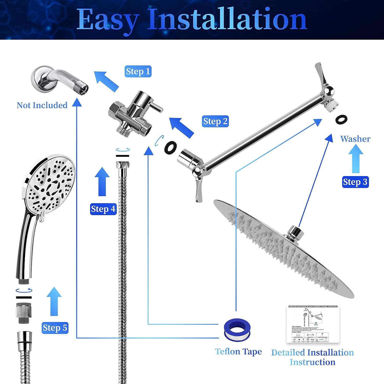 10" Rainfall Shower Head and 9-Setting High Pressure Handheld Shower Heads Combo, Dual ShowerHead with 11" Adjustable Extension Arm and 60" Stainless Hose R926