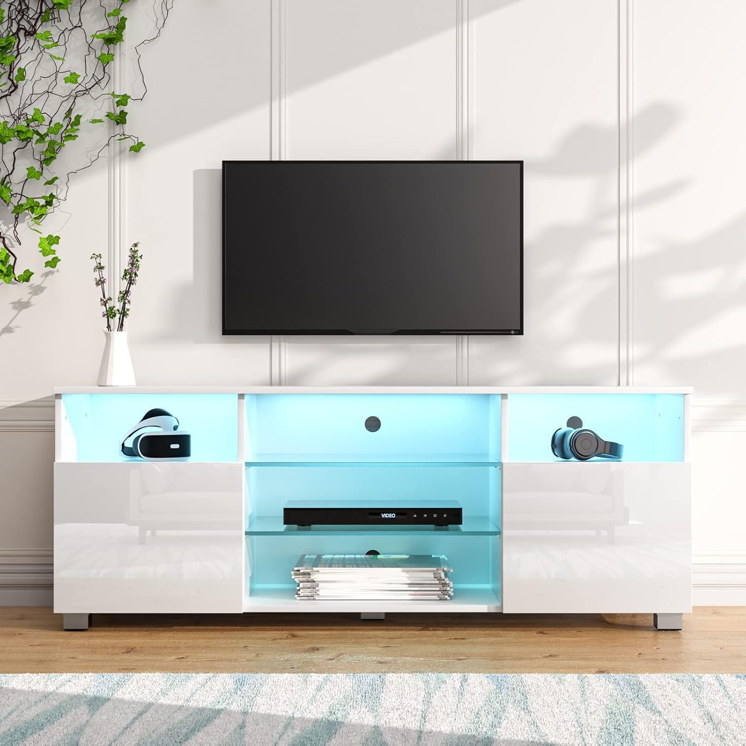 White LED TV Stand with Storage Shelves R53374