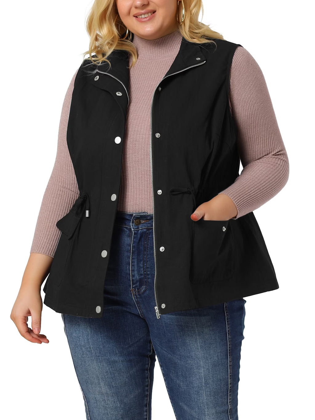 Plus Size Drawstring Waist Cargo Pocket Vest Jacket F800536
