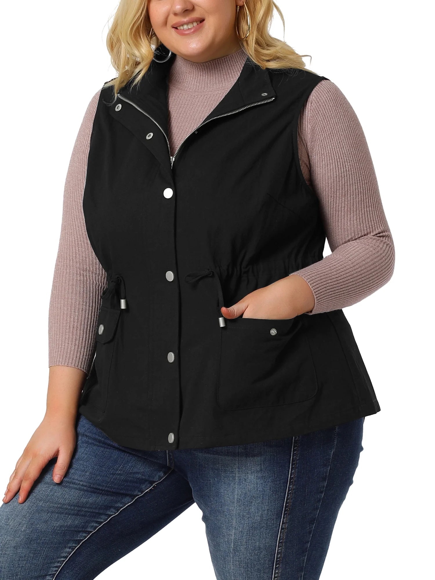 Plus Size Drawstring Waist Cargo Pocket Vest Jacket F800536