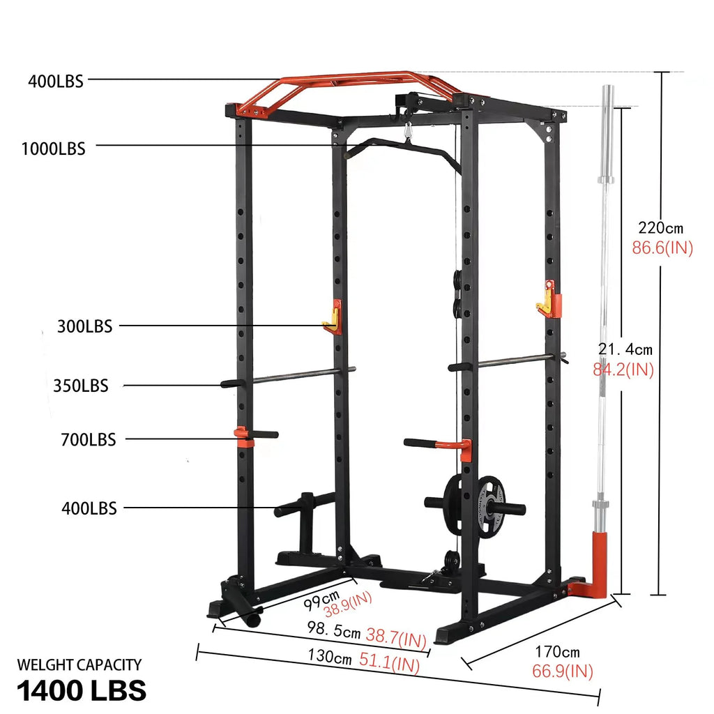 1400LBS Power Rack Cage with Cables, LAT Pulldown System, J-Hooks, Dip Bars, Pull-up Bar G9117