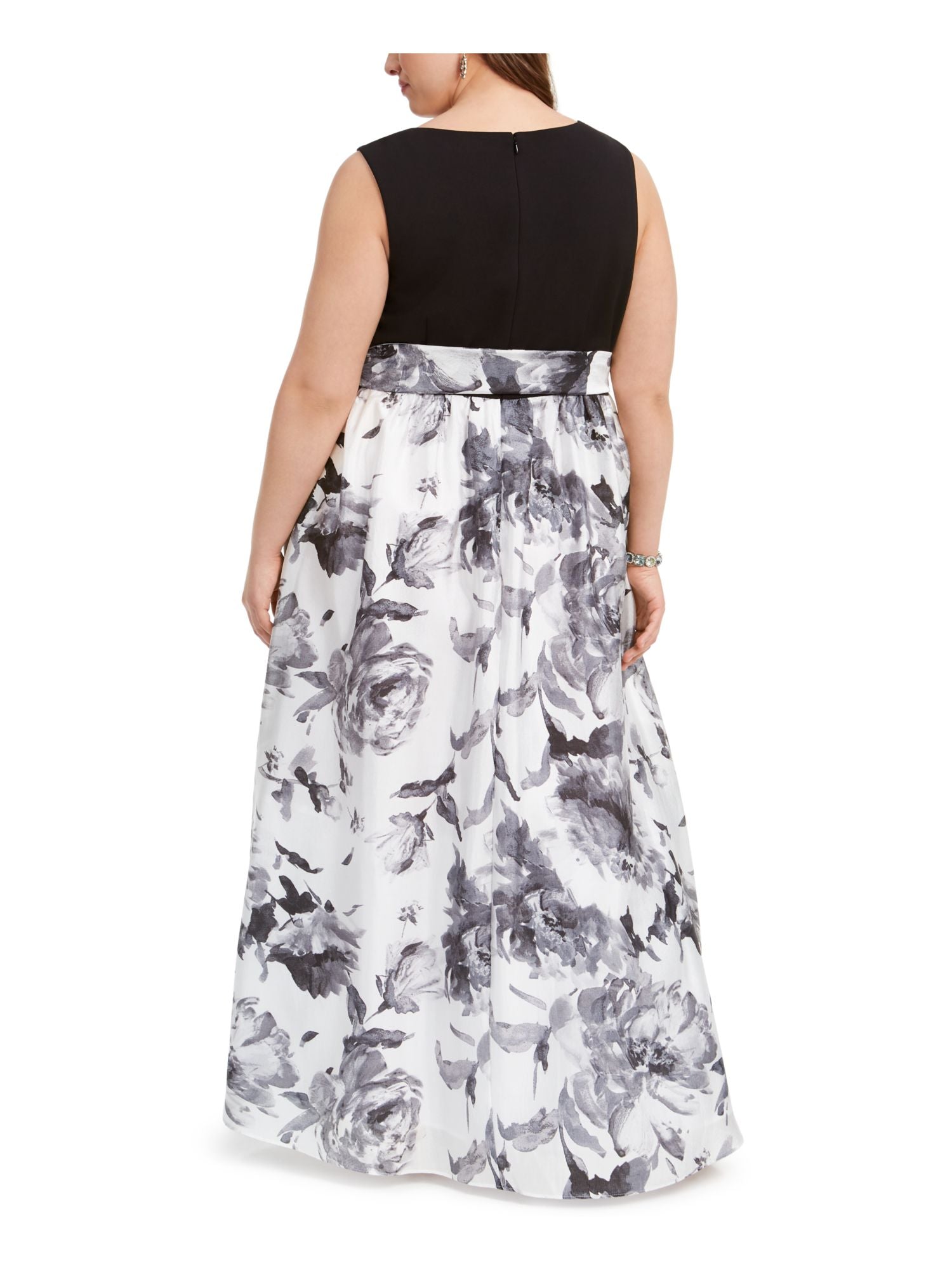 Black Belted Floral Sleeveless Full-Length Fit + Flare Dress Plus 18W Q73006