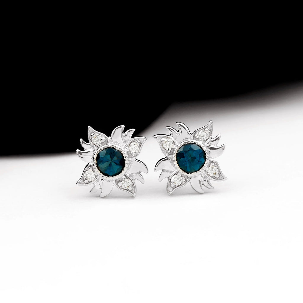 London Blue Topaz Sunburst Stud Earrings with Diamond, 925 Sterling Silver V784