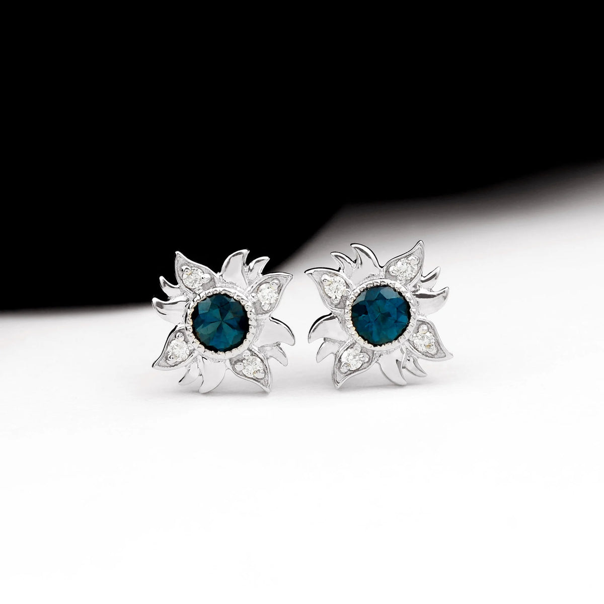 London Blue Topaz Sunburst Stud Earrings with Diamond, 925 Sterling Silver V784