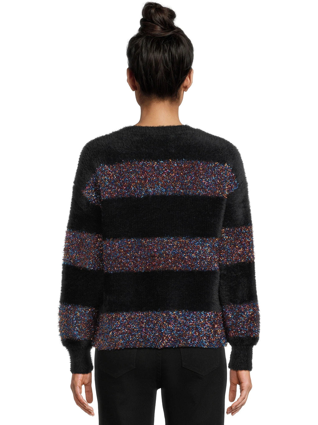 Metallic Stripe Pullover Sweater with Long Sleeves D428