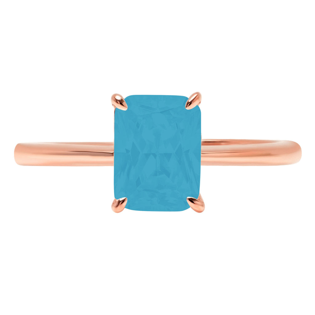 Radiant Cut Blue Simulated Turquoise 14k Pink Rose Gold Solitaire Ring Size 5.75 H310
