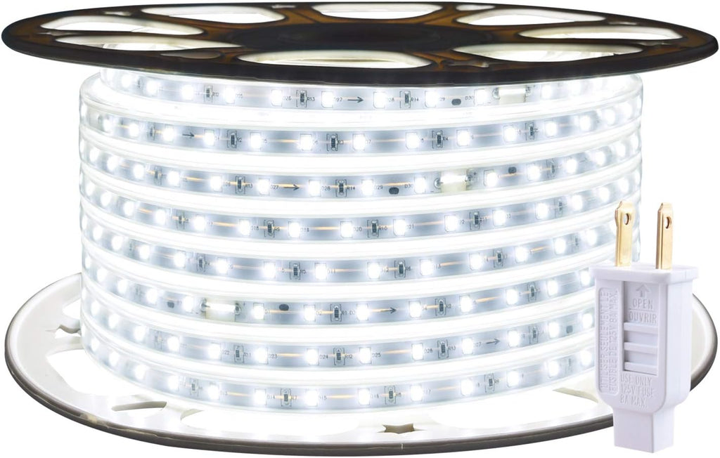 White 98.4ft LED Strip Light 6000K 110V Flexible Plug-in Tape Lighting Y42605