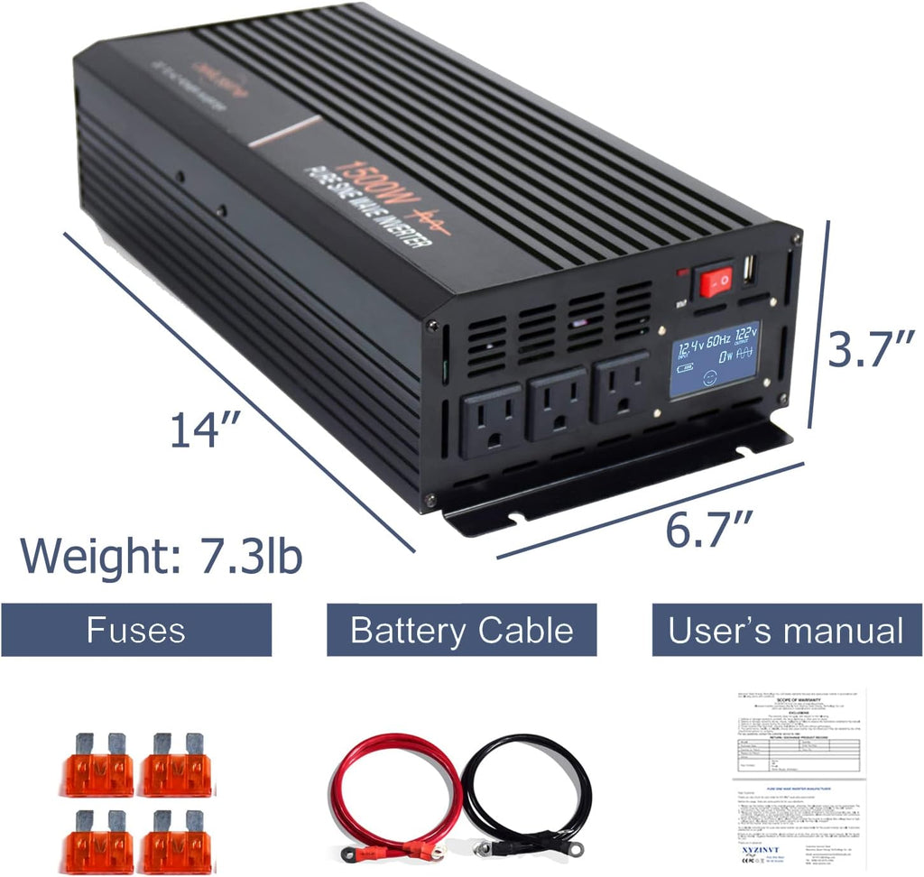 1500w Pure Sine Wave Power Inverter 12V DC to AC 110V 120V Car Power Inverter Q332