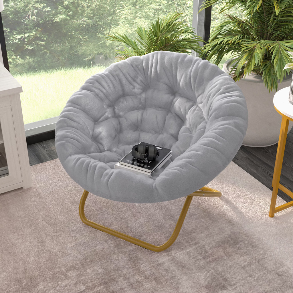 Oversize Folding Saucer Chair with Faux Fur Upholstery in Gray with Metal Frame X544710