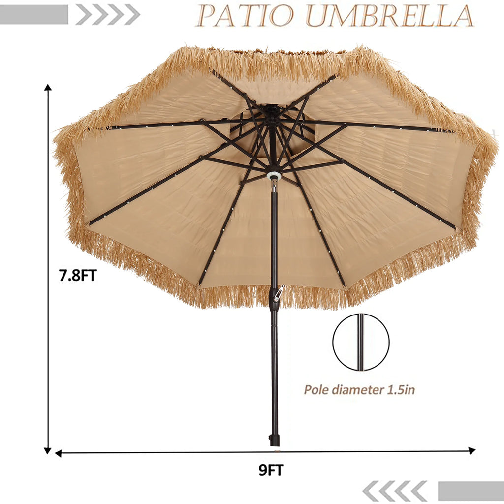 9 ft Solar LED Lights Thatched Tiki Umbrellas W83249