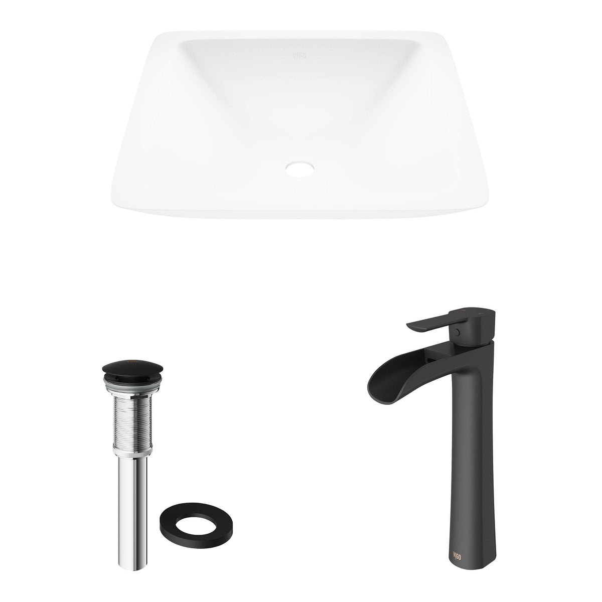 Matte Stone Vessel Bathroom Sink Set with Vessel Faucet in Matte Black L247940