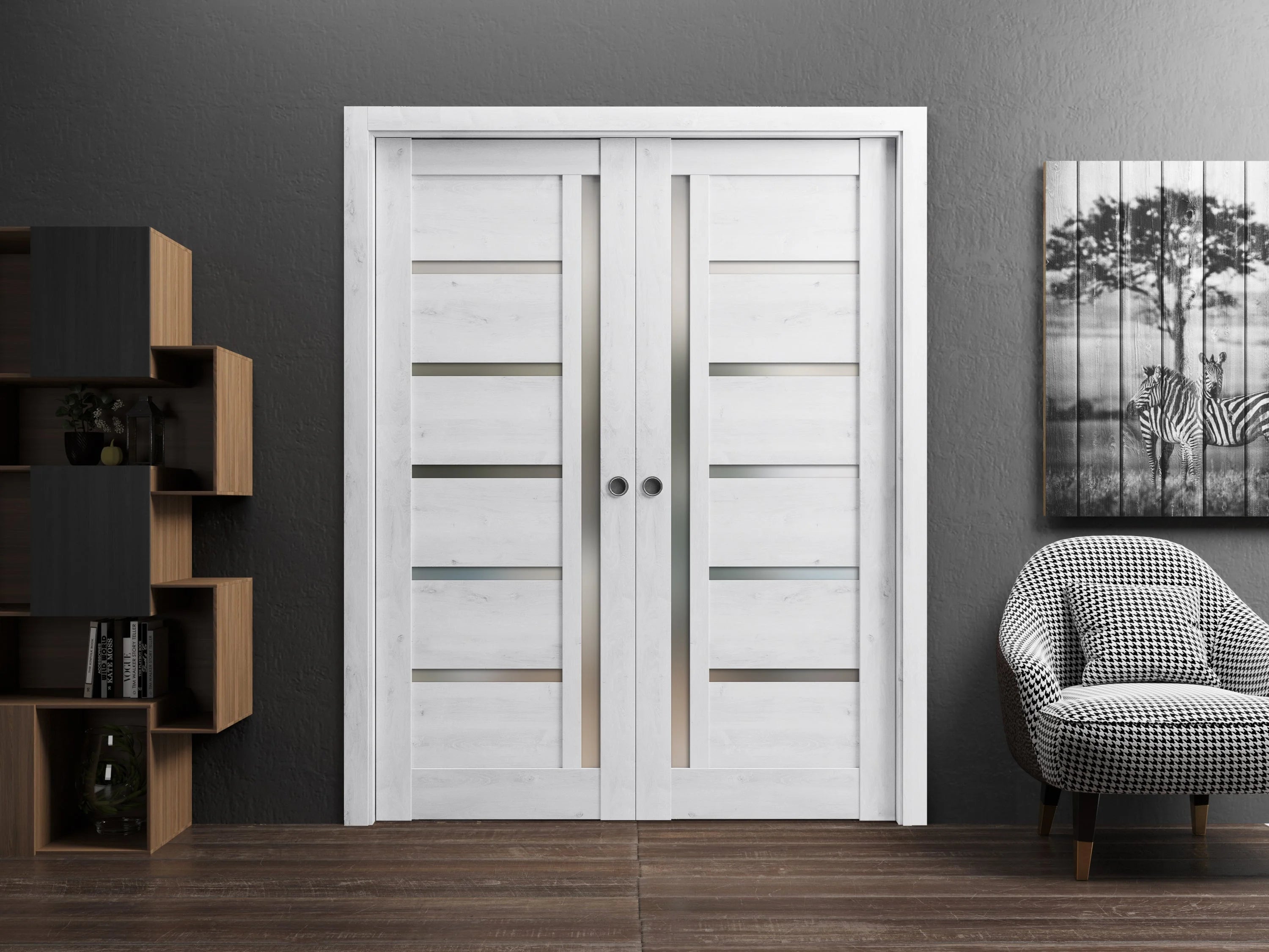 Solid Wood Interior Sliding French Double Pocket Doors 72 x 80 inches with Frosted Glass B929768
