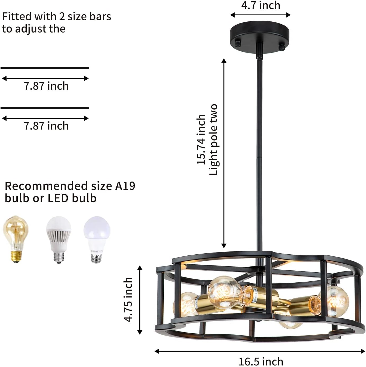 4-Light Black Drum Ceiling Chandelier D30606