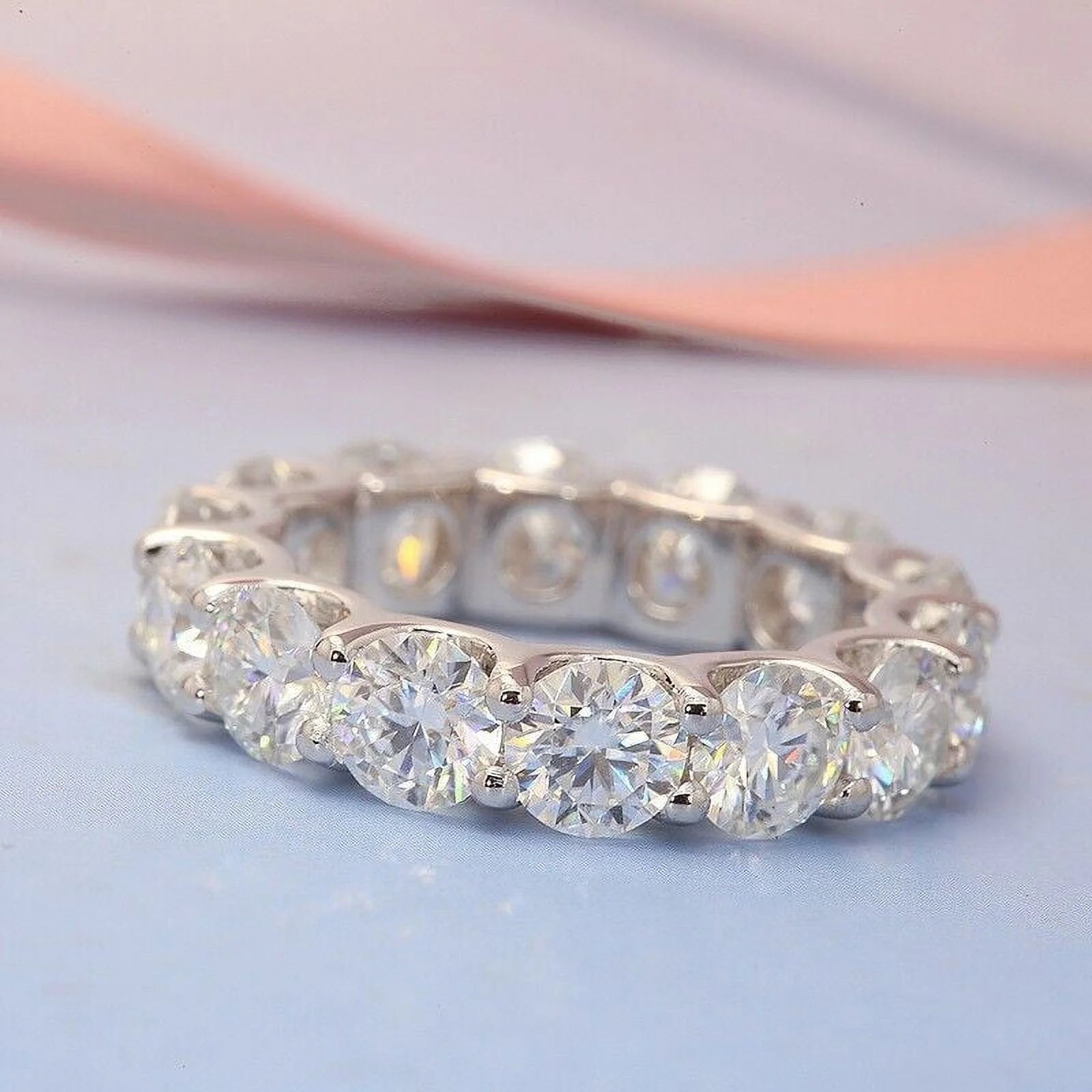 14K White Gold Plated Moissanite Eternity Band Ring V356