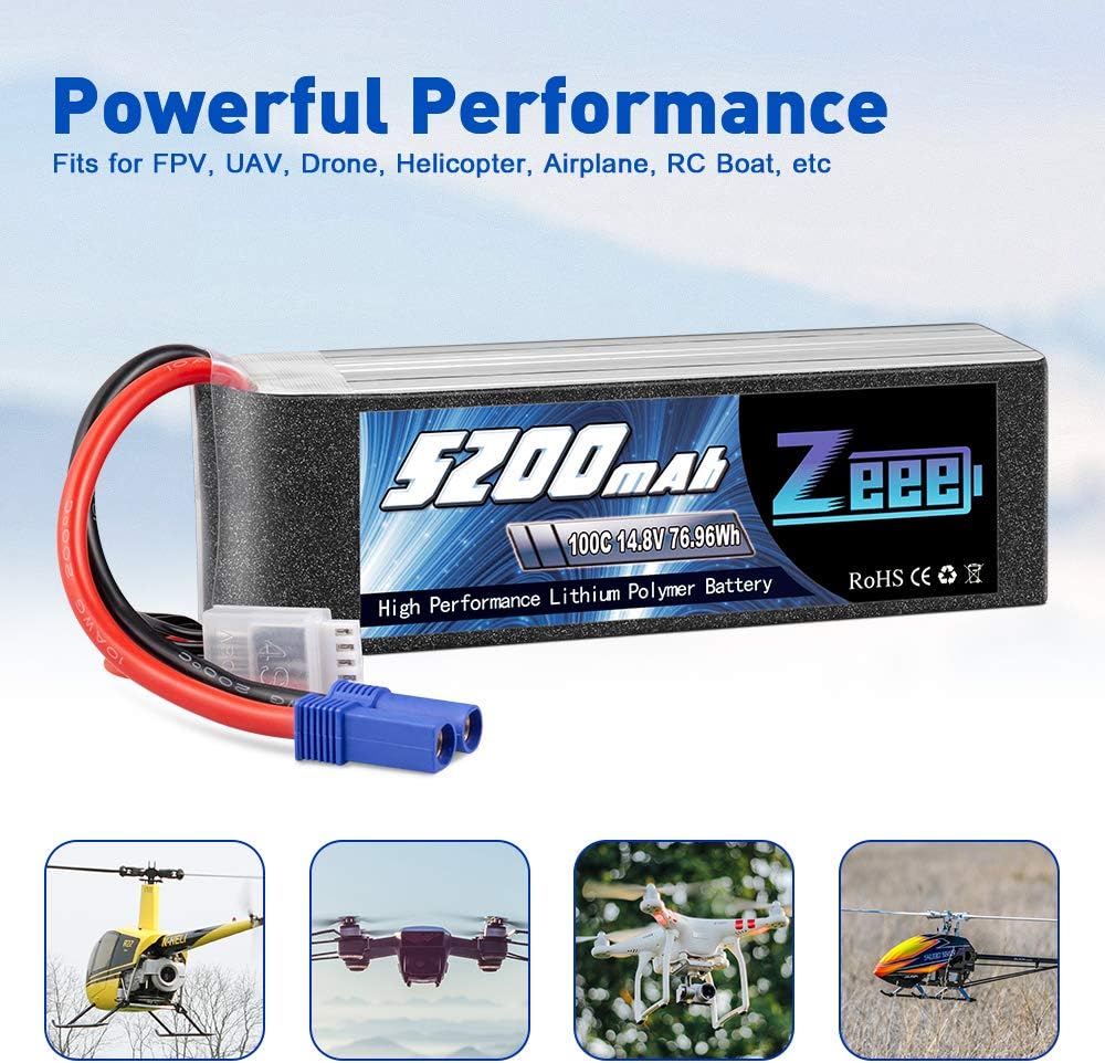 4S Lipo Battery 14.8V 5200mAh 100C EC5 Plug Soft Case 2 Pack S626