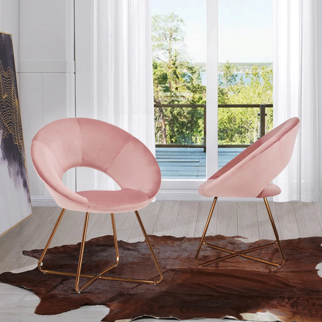 Salmon Pink Velvet Accent Chair Set of 2 with Gold Metal Legs U484