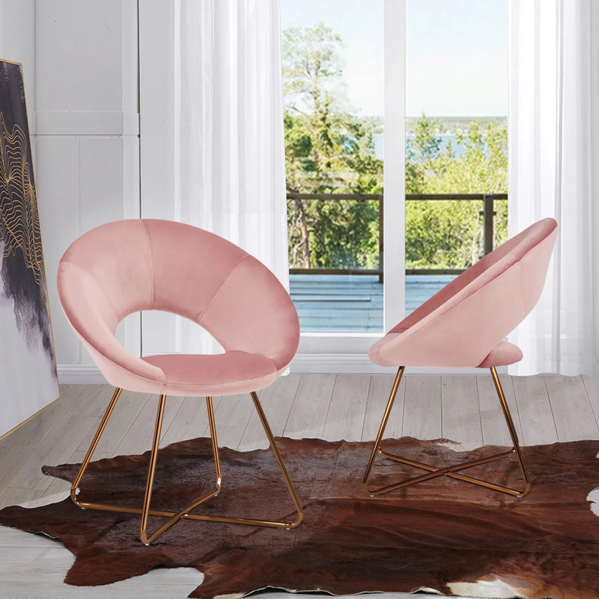 Salmon Pink Velvet Accent Chair Set of 2 with Gold Metal Legs U484