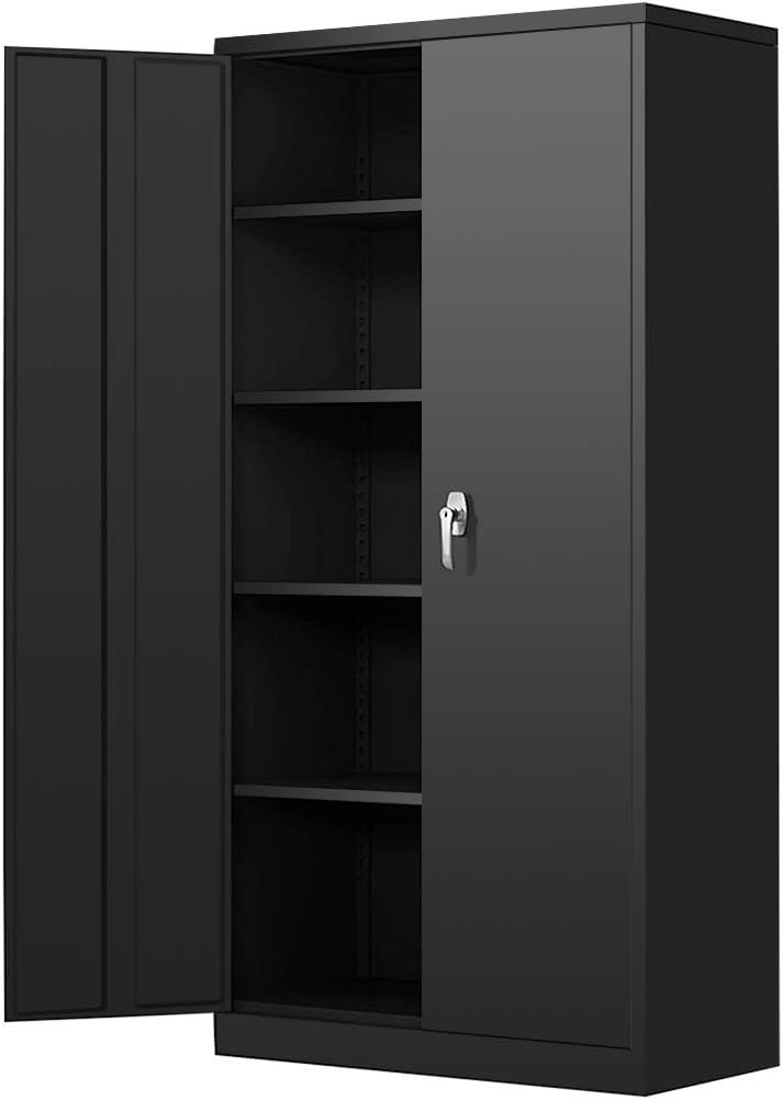 Black 72 Locking Metal Storage Cabinet with 4 Adjustable Shelves and 2 Doors P449