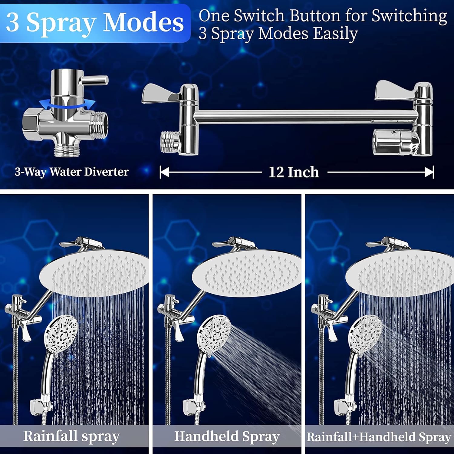 10" Rainfall Shower Head and 9-Setting High Pressure Handheld Shower Heads Combo, Dual ShowerHead with 11" Adjustable Extension Arm and 60" Stainless Hose R926